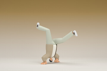 A man with glasses wearing brown cloth.  He is doing exercise.  3d rendering of cartoon character in acting.