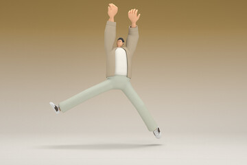 A man with glasses wearing brown cloth is  jumping. 3d rendering of cartoon character in acting.