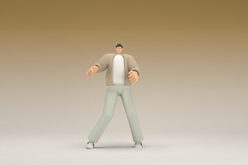 A man with glasses wearing brown cloth.  He is doing exercise.  3d rendering of cartoon character in acting.