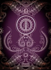 background with ornament. Batik design from Vungamela folklore. eel keeper who went to the moon