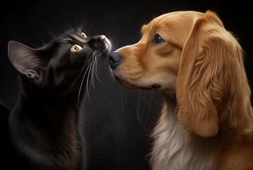 Cute dog and cat playing together at home. Pet love concept,  generative ai