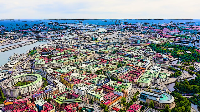 Gothenburg, Sweden. Panorama of the city central part of the city. Cloudy weather. Bright cartoon style illustration. Aerial view