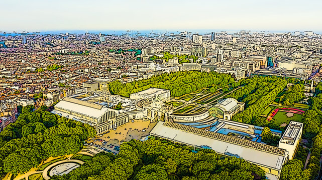 Brussels, Belgium. Park of the Fiftieth Anniversary. Park Senkantoner. The Arc de Triomphe of Brussels (Brussels Gate). Bright cartoon style illustration. Aerial view