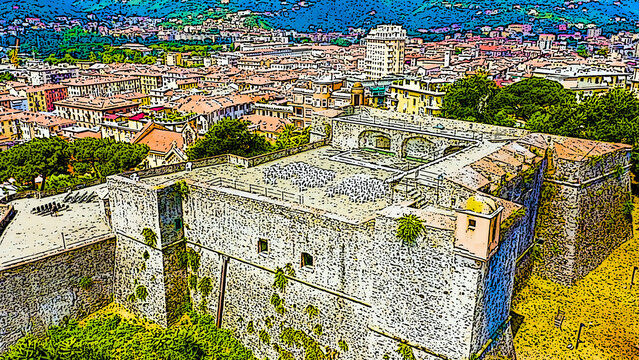 La Spezia, Italy. Castle of San Giorgio. View from above. Bright cartoon style illustration. Aerial view