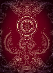 background with ornament. Batik design from Vungamela folklore. eel keeper who went to the moon