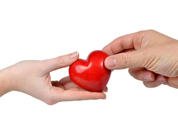 Red heart in woman and man hands isolated on transparent background, PNG.