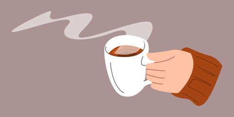 hand holding coffee. hot coffee gives off aroma. concept of drink, work, breakfast, morning, etc. Suitable for printing, stickers. vector illustration in flat style.
