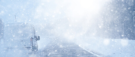 winter highway snowfall background fog poor visibility