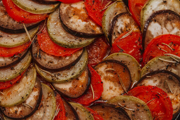 French Ratatouille in baking dish, egetables prepared for making ratatouille