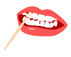 teeth, lips and toothpicks. Food marks stick to the tooth surface. dental concept, treatment. vector illustration. - obrazy, fototapety, plakaty