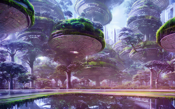 Painting of solarpunk city, futuristic, lush vegetation, ambient 