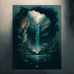 Nature's Force: A Realistic Poster of a Powerful Waterfall cascading down a Rocky Cliff