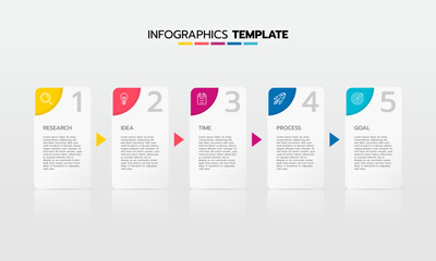 Business infographic template process with simple geometry square, rectangle, circle, triangle, curves in flat design template with thin line icons and 5 options or steps. Vector illustration.