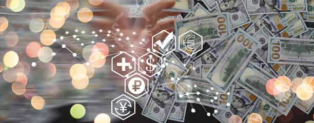 Dollars bills. Dollars background. Background of different us dollar banknotes. Finance concept.