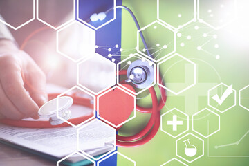 Stethoscope, puzzle heart, prescriptions. Double exposure in composition. Doctor`s desk in the clinic's office.