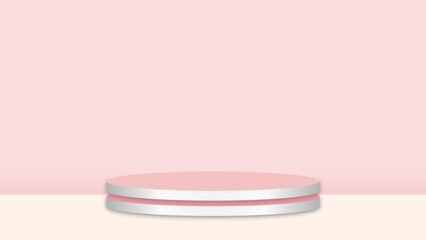 Pink 3D room with realistic cylinder pedestal podium. Minimal scene for product display presentation. Stage for showcase. Vector geometric design platform.
