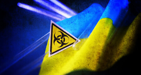 Ukrainian flag biohazard and test tubes. Western biological laboratories in Ukraine. Assistance to Ukraine in biolaboratories.