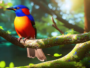 Colorful bird on a branch in a forest, Generative AI