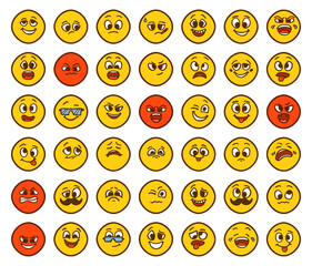 Set of emoticons showing different emotions in cartoon style isolated on white background. Funny faces clip art.