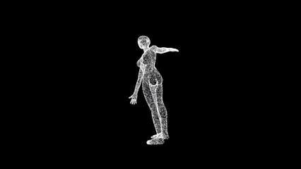 3D woman body model consisting of lines and dots rotates 3 axes 60 FPS. Science concept, object made of molecules. Tutorial Video. Abstract bg for logo, title, concept, presentation. 3D animation.