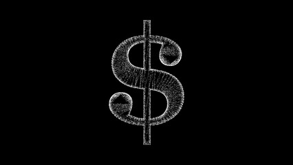 3D sign US Dollar consisting of white lines and dots rotates 3 axes 60 FPS black backdrop. Science and business concept. Abstract bg for logo, title, concept, presentation. 3D animation.
