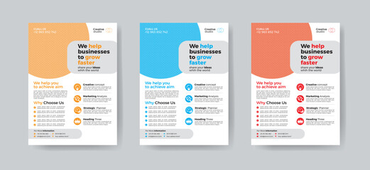 Corporate business flyer template design set with blue, orange, red and yellow color. marketing, business proposal, promotion, advertise, publication, cover page. new digital marketing flyer set.