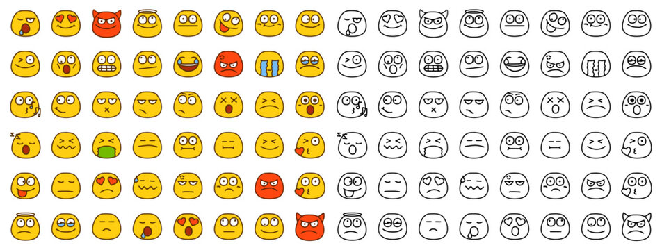 Set of emoticons showing different emotions in cartoon style isolated on white background. Funny faces clip art.