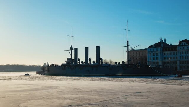 ship aurora in winter in st. petersburg. cruiser of the 1st rank of the Baltic Fleet of the type "Diana". pre-revolutionary cruiser. Russian empire. Saint Petersburg