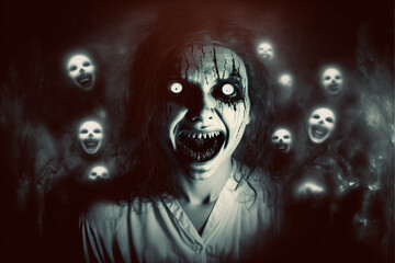 Possessed woman carrying all evil surrounded by evil spirits and demonic ghosts with you to death with a smile that gives you the shivers Generative AI