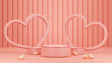 3d rendering,Pink background with three podium for place goods,cosmetics,cartoon model,food,drink or technical tools advertise 3D,Love valentines day concept.