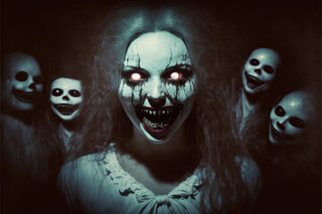 Possessed woman carrying all evil surrounded by evil spirits and demonic ghosts with you to death with a smile that gives you the shivers Generative AI