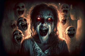 Possessed woman carrying all evil surrounded by evil spirits and demonic ghosts with you to death with a smile that gives you the shivers Generative AI