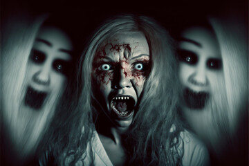 Possessed woman carrying all evil surrounded by evil spirits and demonic ghosts with you to death with a smile that gives you the shivers Generative AI