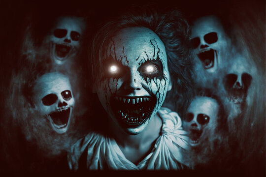 Possessed woman carrying all evil surrounded by evil spirits and demonic ghosts with you to death with a smile that gives you the shivers Generative AI