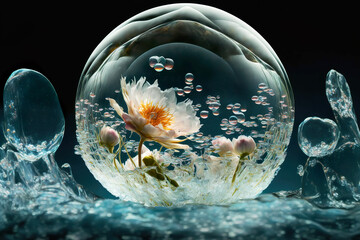 A flower enclosed in an icy ball. Image made with AI.