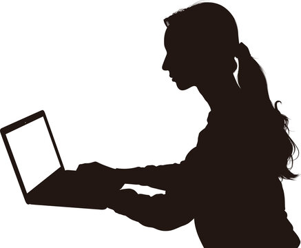 recommend clip art: ノートパソコンに向かい仕事をする女性のシルエット