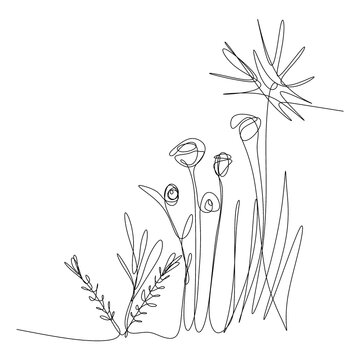 One-line art. One continues line art. grass and flowers