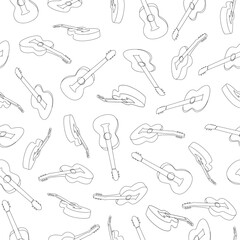 Hand drawn collection of acoustic guitars. Trendy solid continuous line style. Isolated vector seamless background.