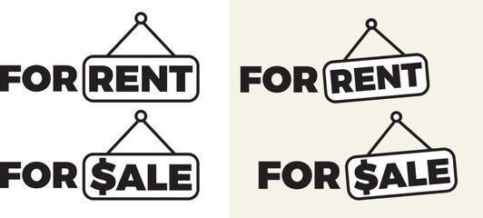 For Rent and For Sale Sign. With text “RENT” and “SALE” on Hanging Door Sign Board . Vector Illustration.
