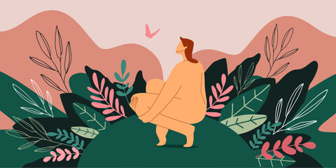 beautiful girl in the nature with a butterfly, natural background, natural beauty, calm serene illustration