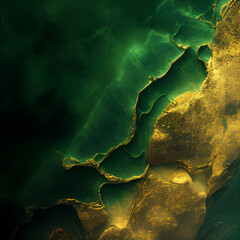 ジェネレーティブAIによる正方形の抽象テンプレート）石の質感の緑の背景に金色の波