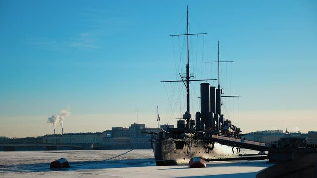 ship aurora in winter in st. petersburg. cruiser of the 1st rank of the Baltic Fleet of the type "Diana". pre-revolutionary cruiser. Russian empire. Saint Petersburg