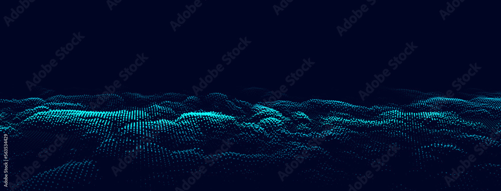 Poster dynamic particle wave. futuristic blue point wave. flow digital structure. data technology backgroun