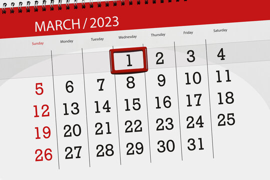 Calendar 2023, Deadline, Day, Month, Page, Organizer, Date, March, Wednesday, Number 1