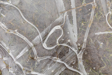 Frozen ice in a puddle on a field in early spring