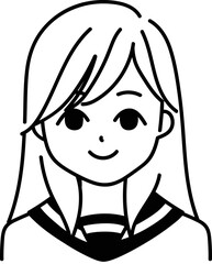 ロングヘアの女子学生のアイコン　モノクロ