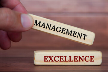 Hand holding management excellence text on wooden blocks. Management excellence and business concept