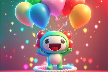 Fototapeta premium Putzige Figur mit Ballons, Geburtstags Grüße Karte Design, ai generativ