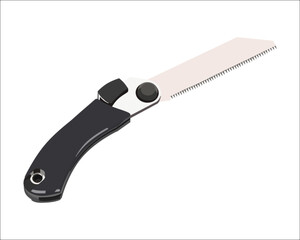 Vector Illustration Hand Pruning Folding Saw isolated. Carpentry hand tools. This saw is used to cut a wide range on the large end of wood thicknesses or trim live shrubs and trees.