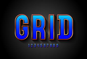 3d Golden font with gold contour, trendy chic alphabet, modern condensed letters and numbers with grid texture, vector illustration 10eps.